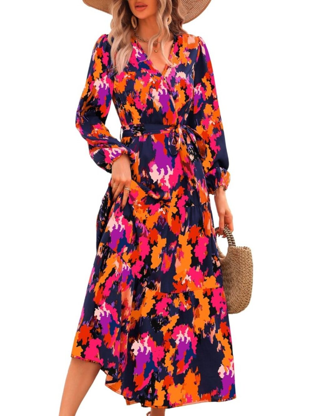 Women's Blue Orange Long Sleeve Casual Boho Floral Wrap Wedding Guest Maxi Dress